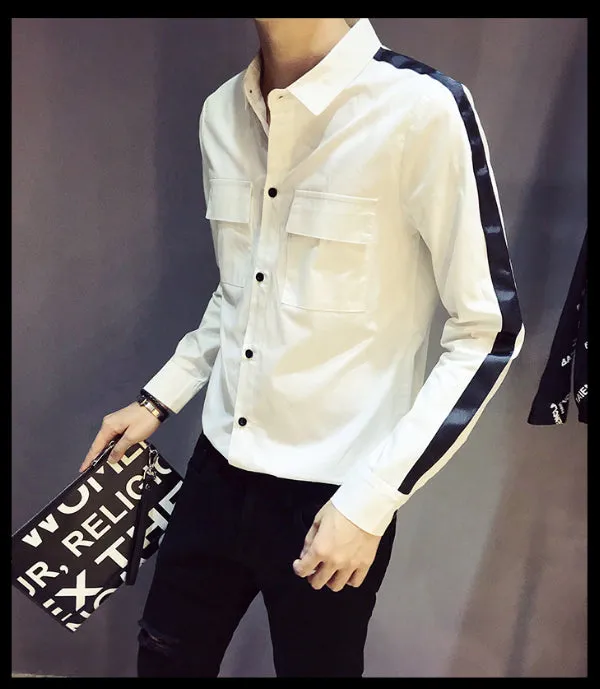 Cotton Double Pocket Stripe Sleeves Men Slim Shirt