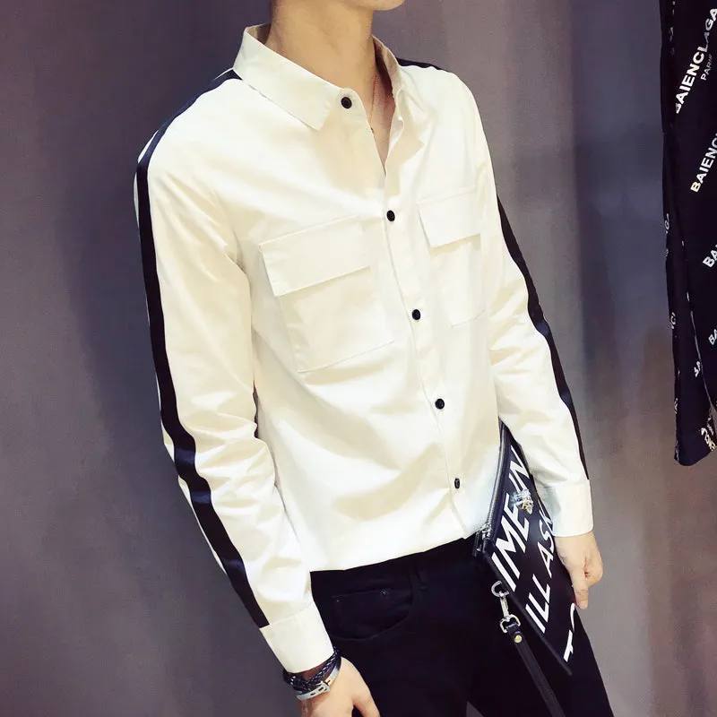 Cotton Double Pocket Stripe Sleeves Men Slim Shirt