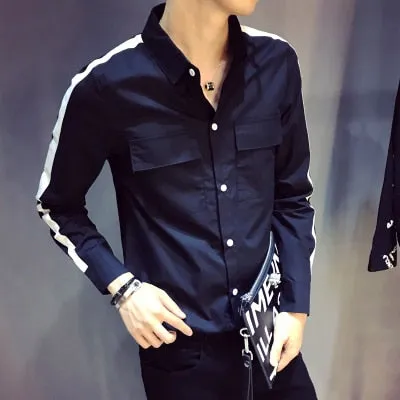 Cotton Double Pocket Stripe Sleeves Men Slim Shirt
