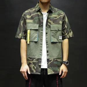 Cotton Double Pocket Trendy Camouflage Men Short Sleeves Shirts