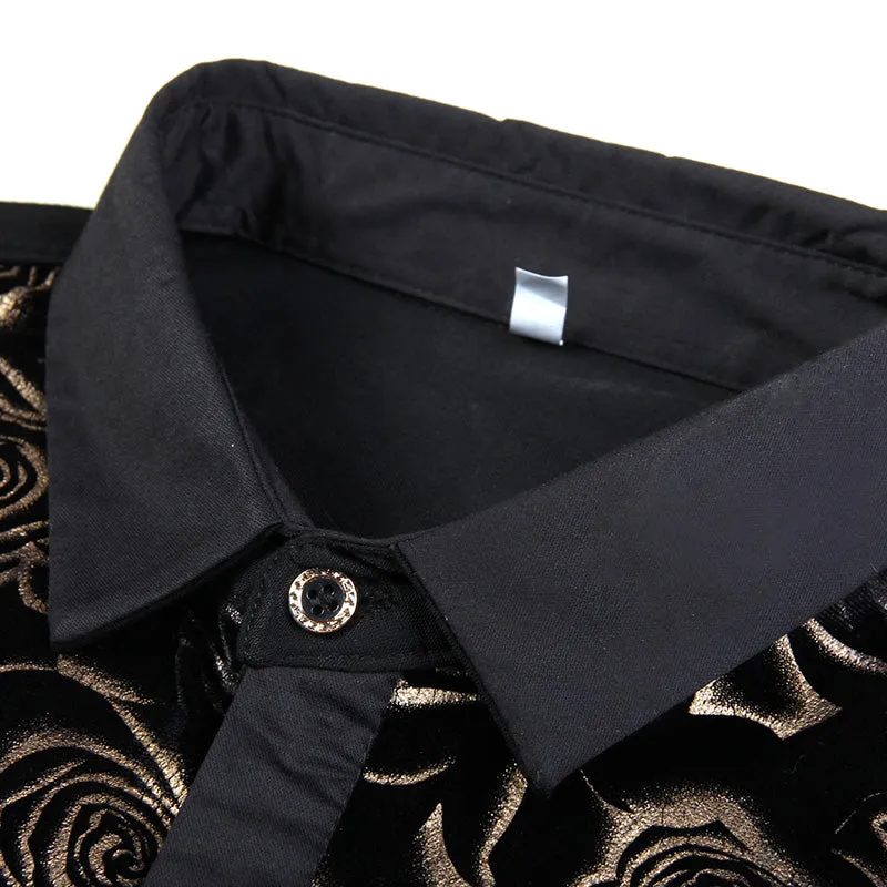 Dark Gold Floral Velvet Men Long Sleeves Shirt