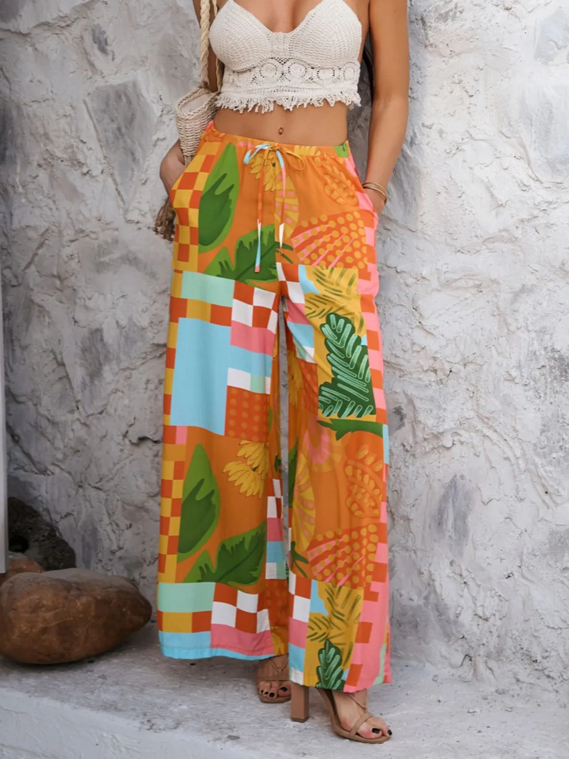 Devine Drawstring Printed Wide Leg Pants