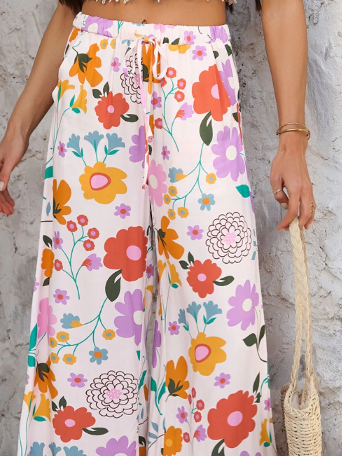 Devine Drawstring Printed Wide Leg Pants