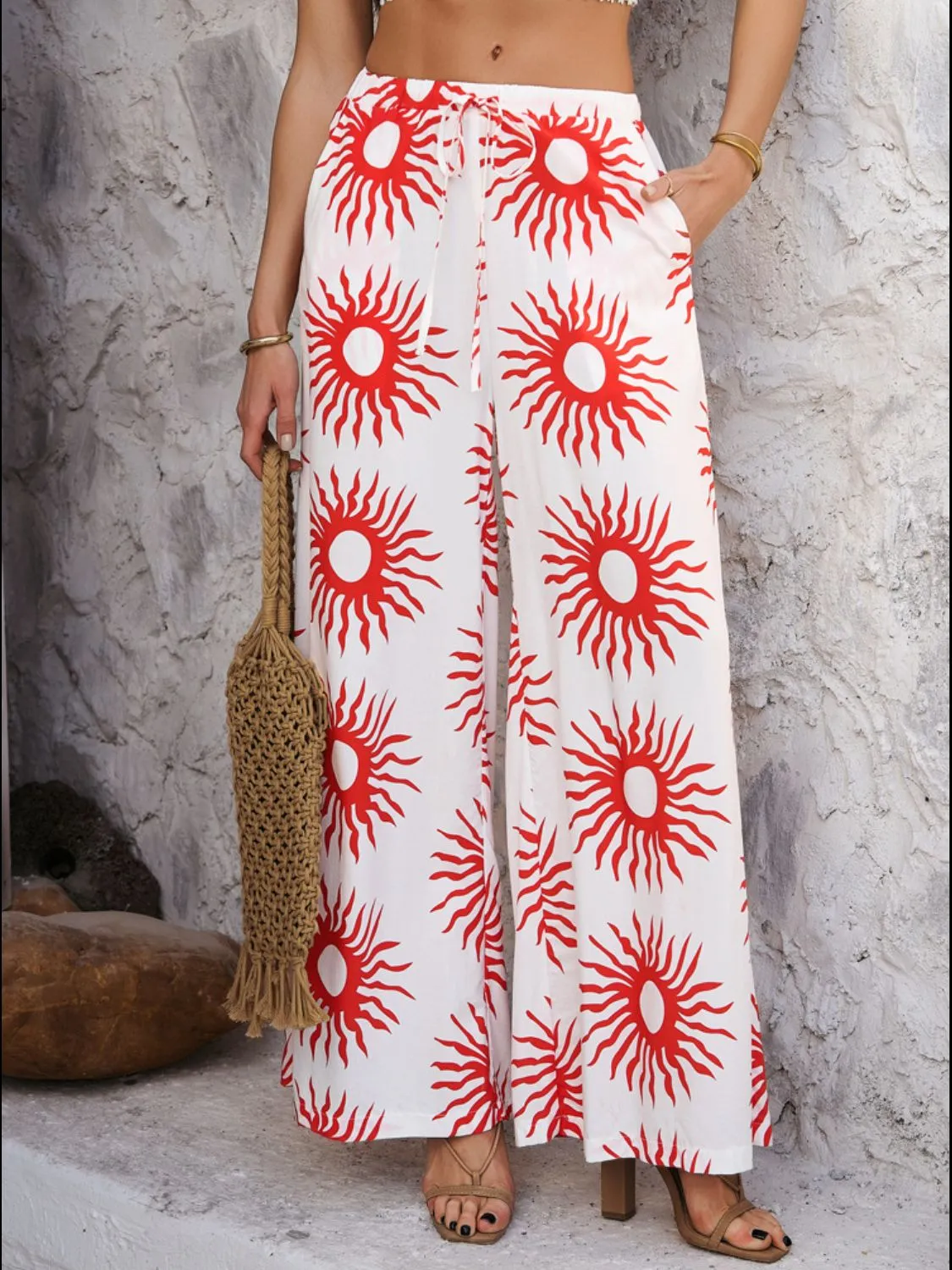 Devine Drawstring Printed Wide Leg Pants