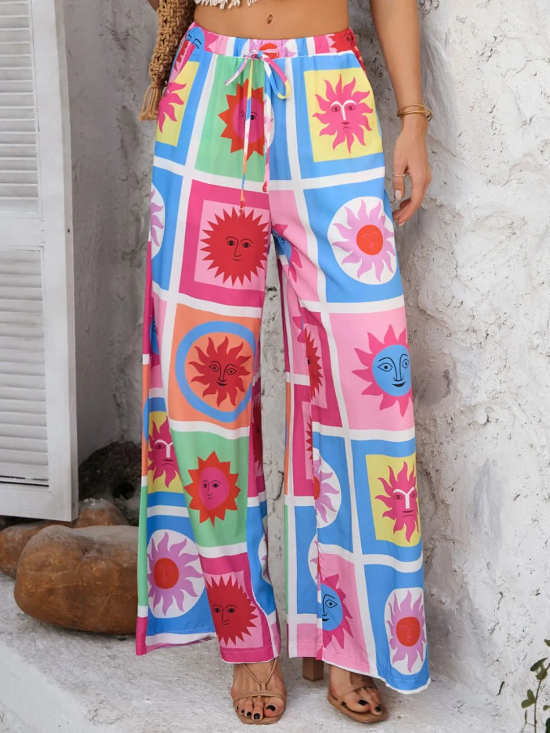 Devine Drawstring Printed Wide Leg Pants