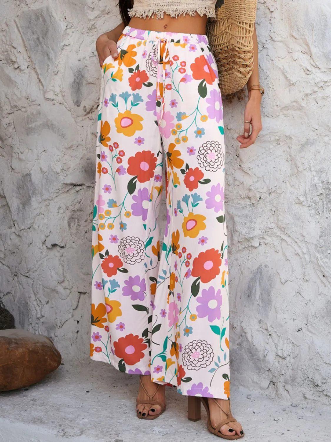 Devine Drawstring Printed Wide Leg Pants