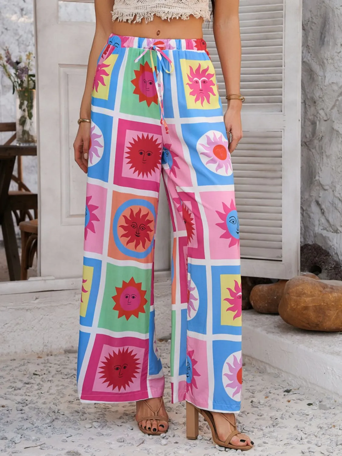 Devine Drawstring Printed Wide Leg Pants
