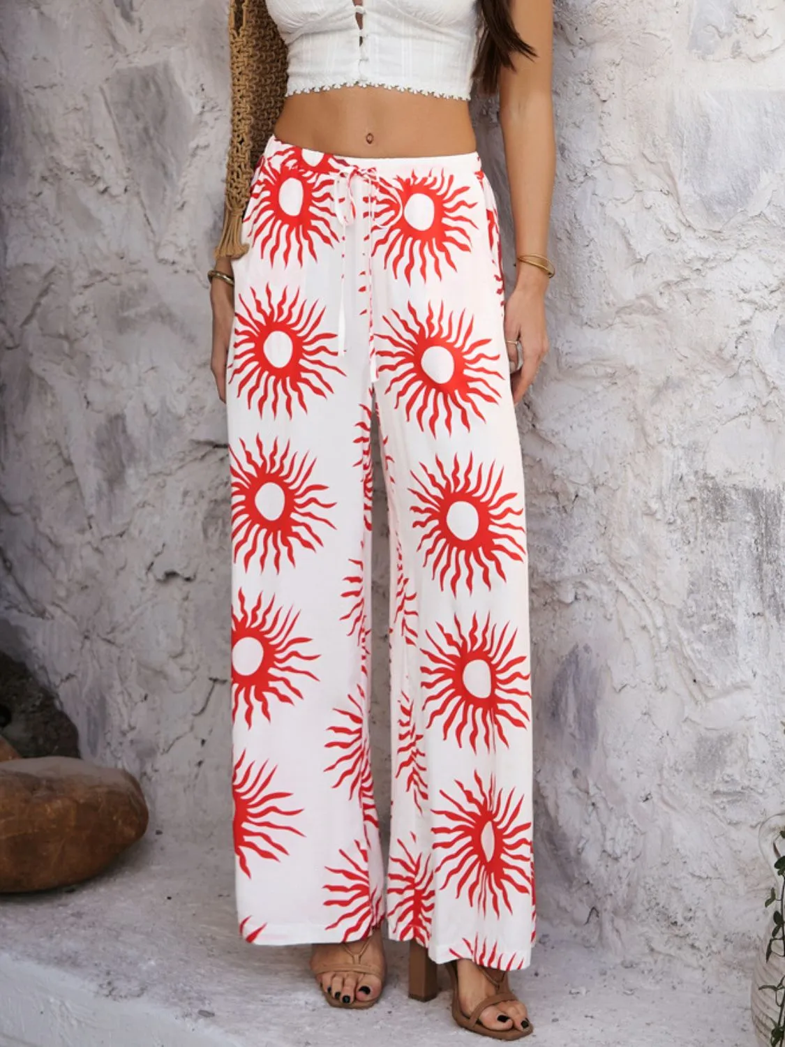Devine Drawstring Printed Wide Leg Pants