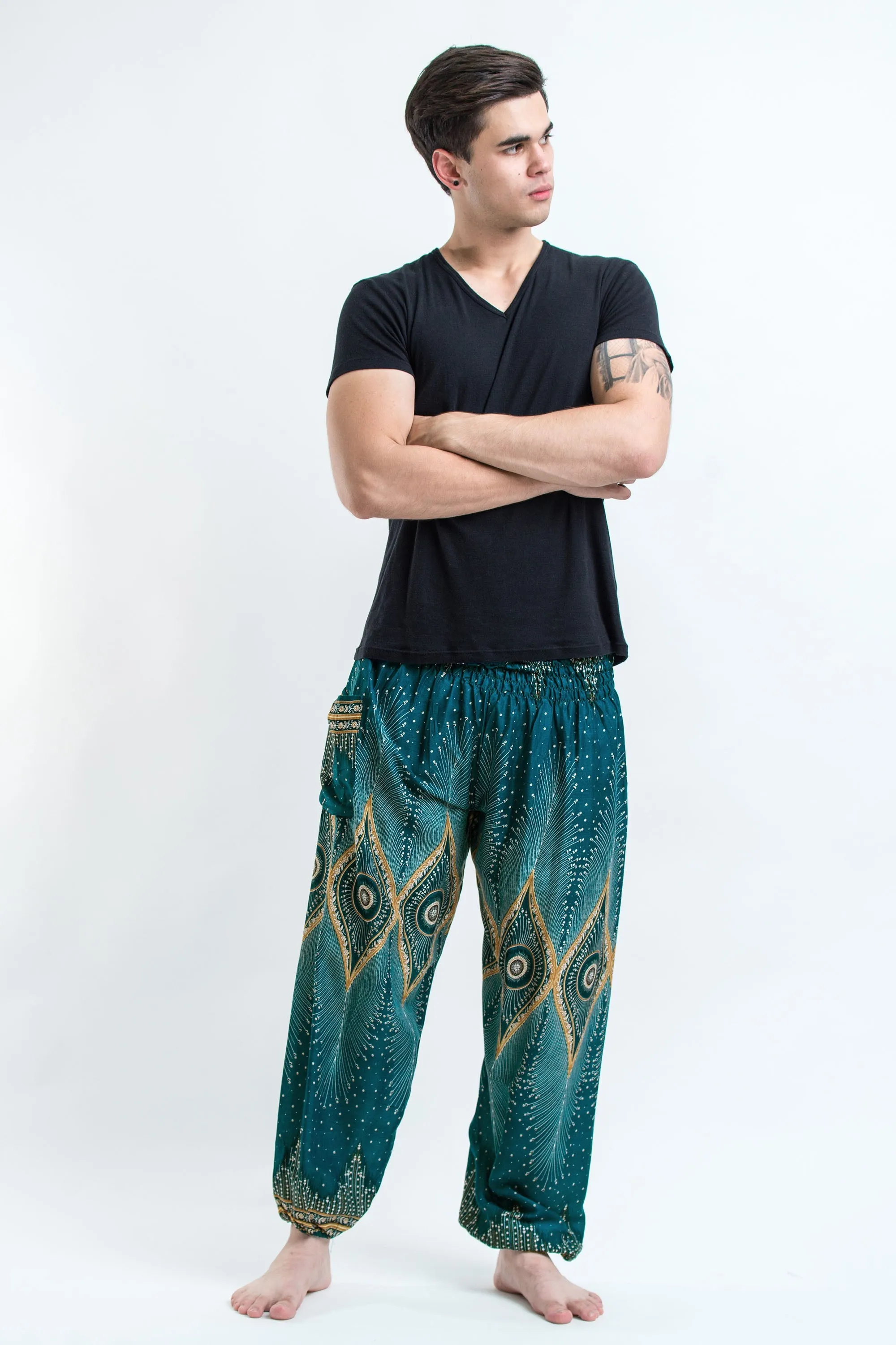 Diamond Peacock Unisex Harem Pants in Turquoise
