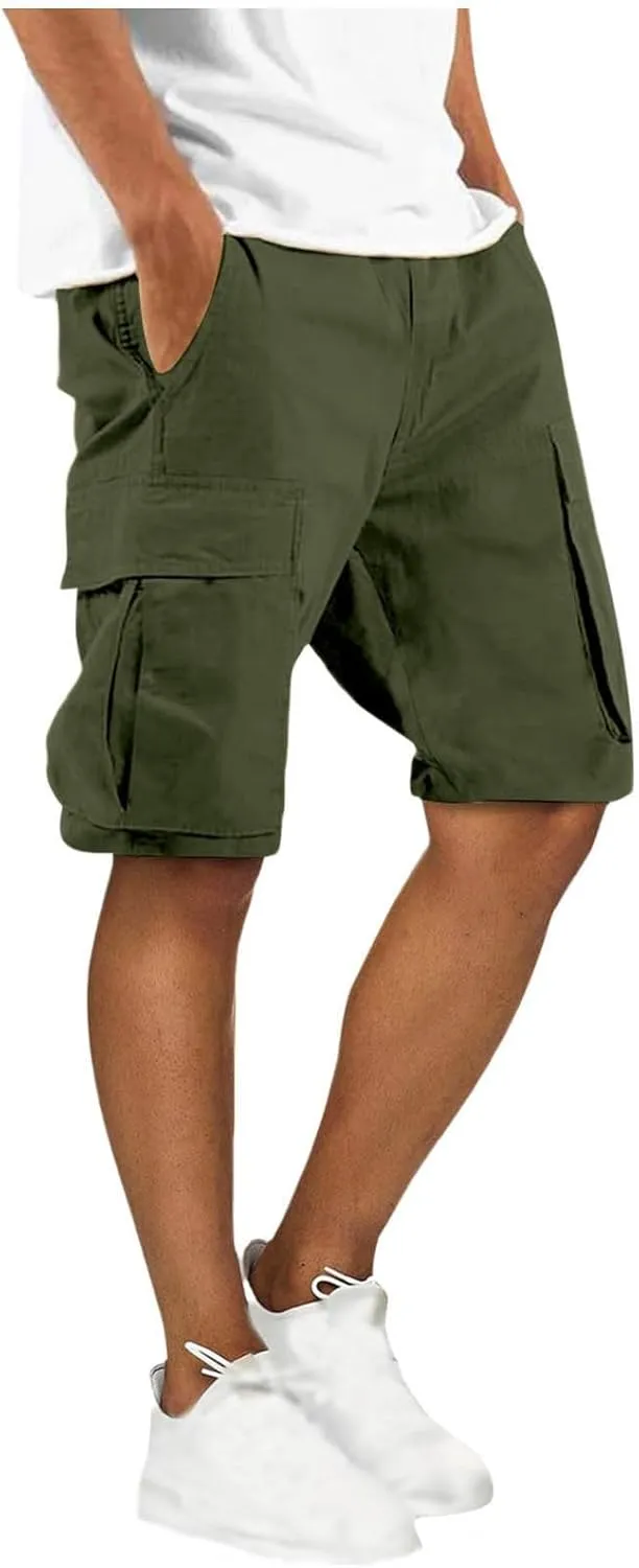 Finelylove Mens Cargo Shorts Relaxed Fit Elastic Waist Summer Casual Hiking Work Shorts Lightweight Straight Joggers Pants