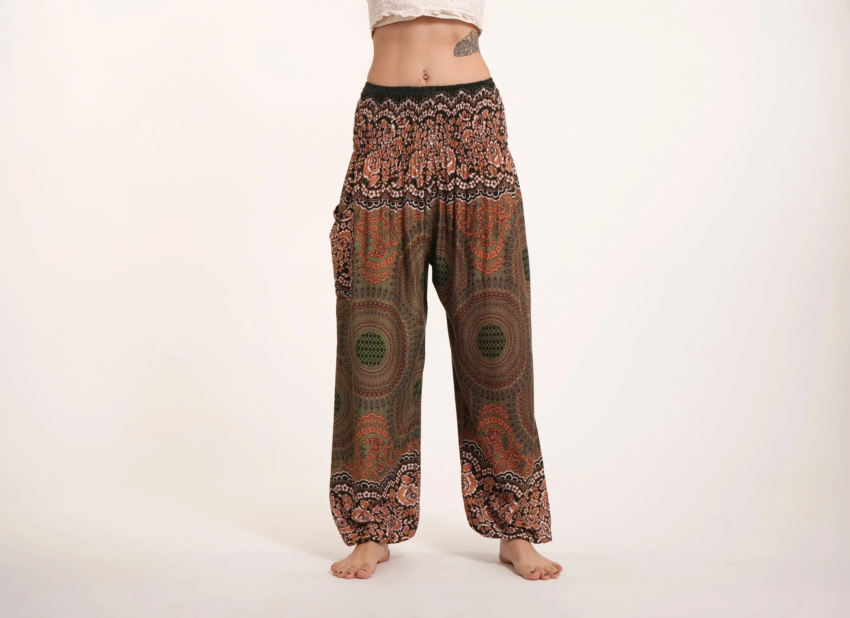 Geometric Mandalas Unisex Harem Pants in Olive