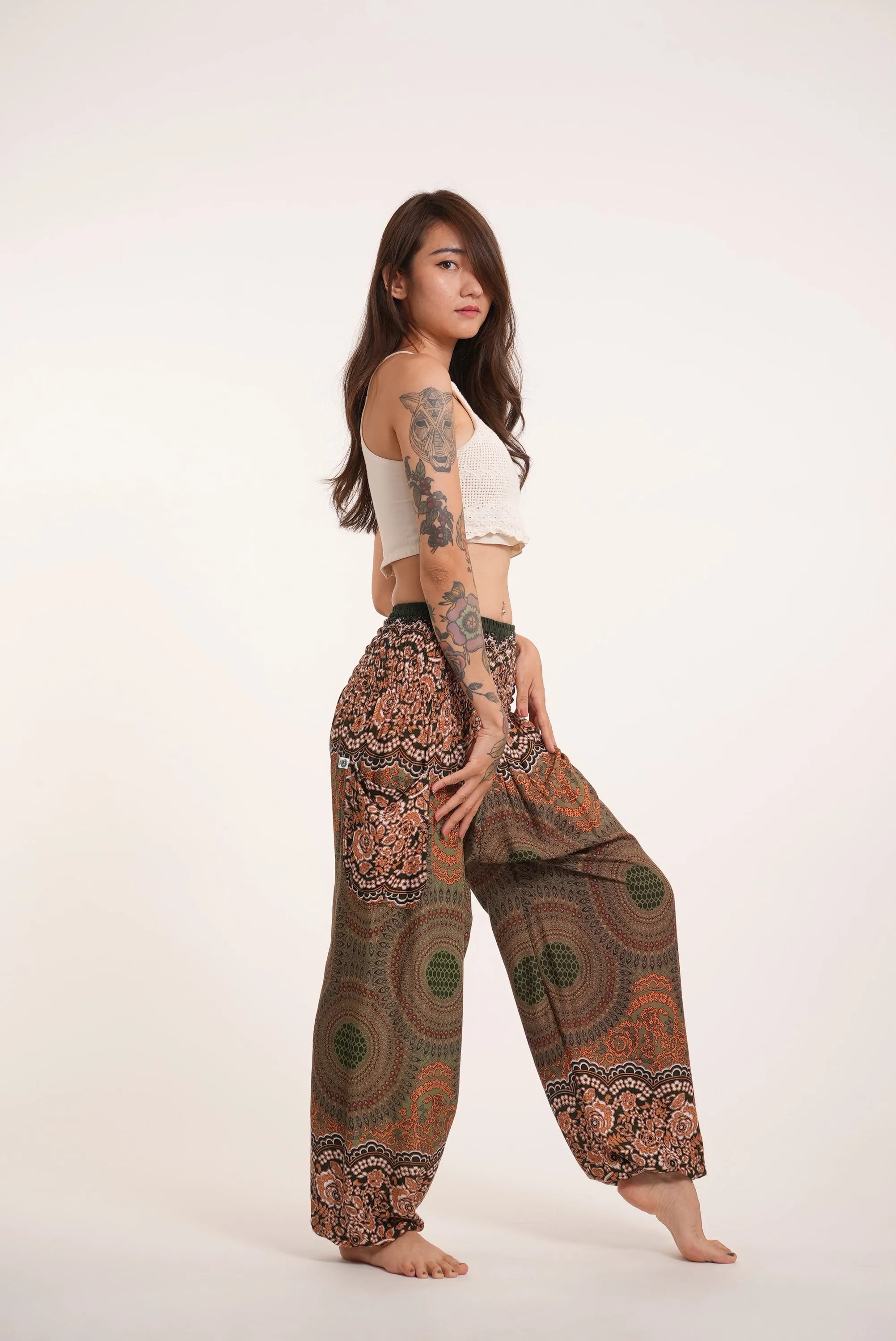 Geometric Mandalas Unisex Harem Pants in Olive