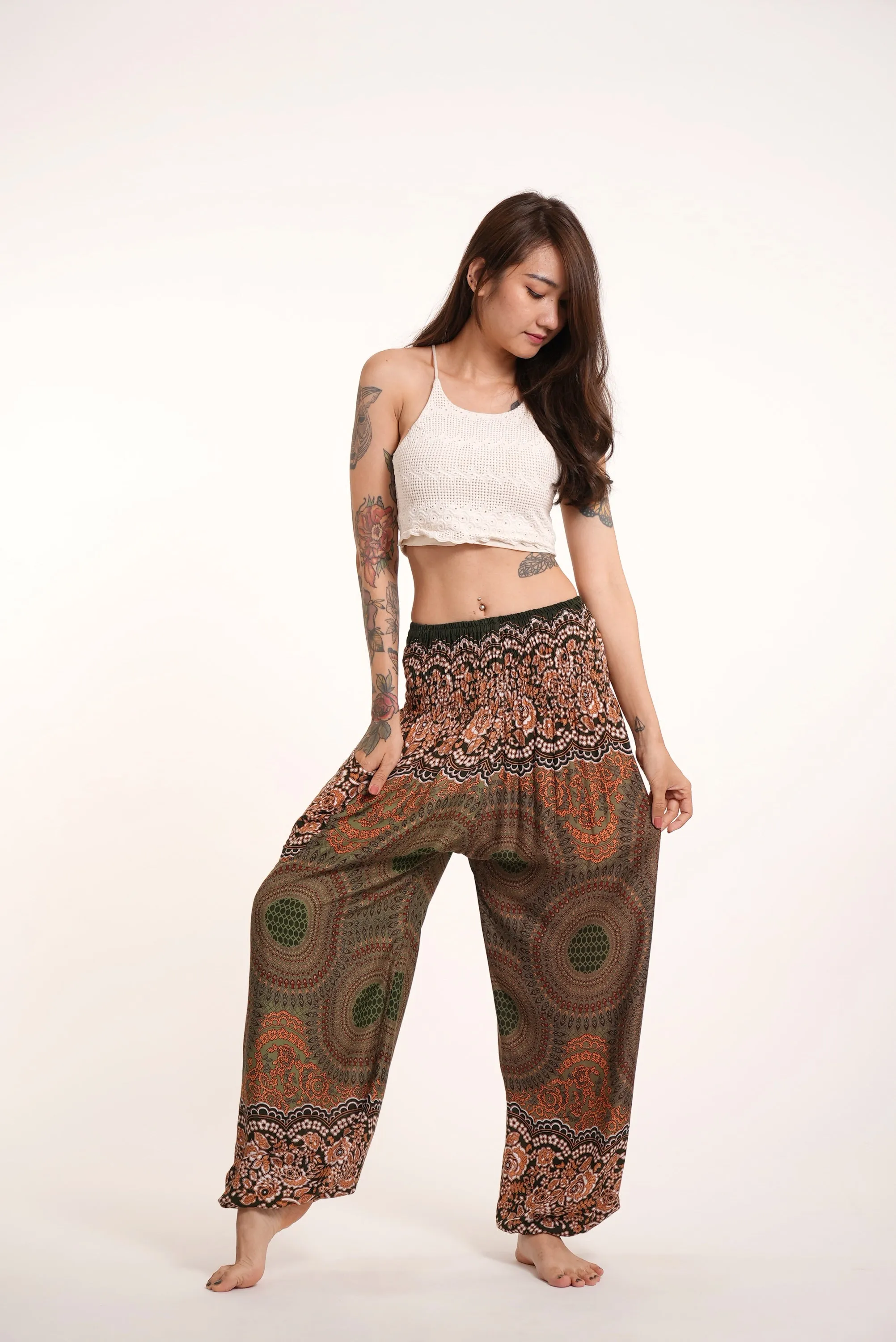 Geometric Mandalas Unisex Harem Pants in Olive