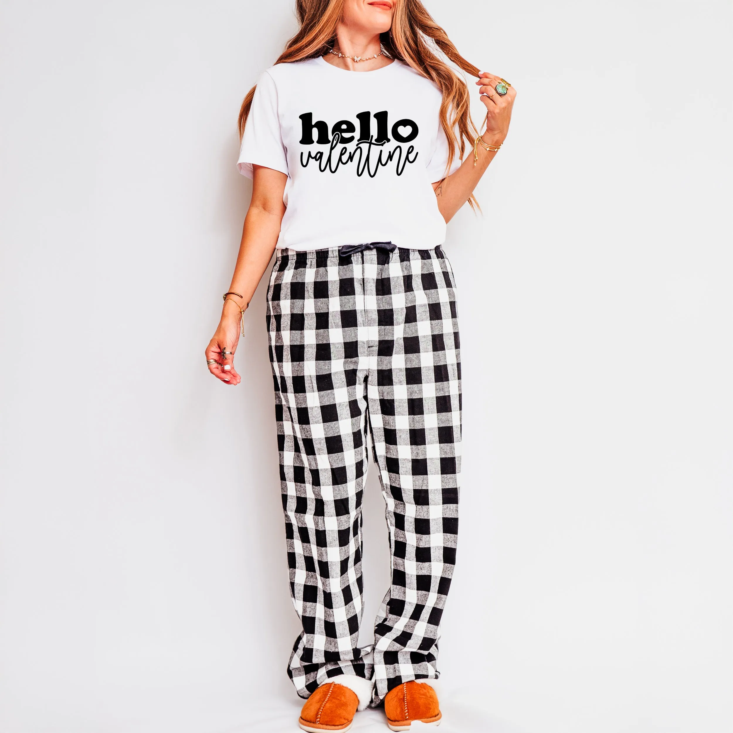 Hello Valentine Bold Script | Plaid Pajama Set