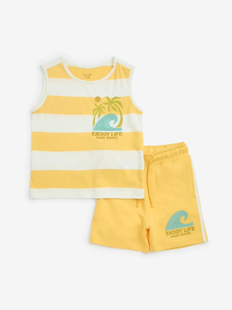 HOP Kids Yellow Stripe Cotton T-Shirt & Shorts Set