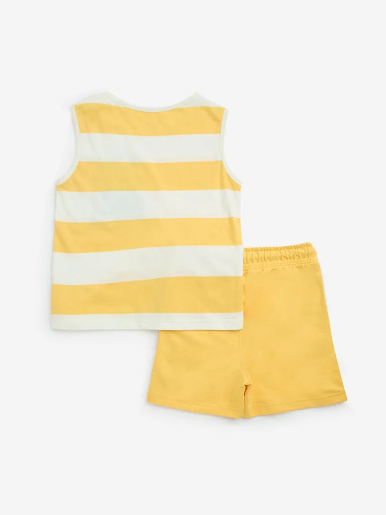 HOP Kids Yellow Stripe Cotton T-Shirt & Shorts Set