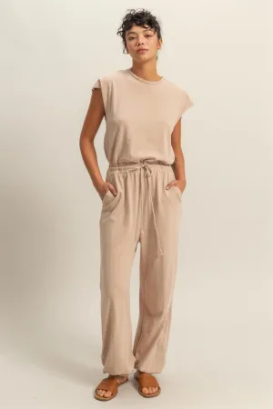 HYFVE Back Keyhole Round Neck Cap Sleeve Drawstring Jumpsuit
