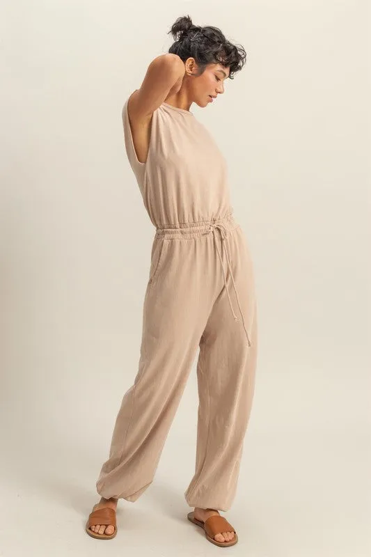 HYFVE Back Keyhole Round Neck Cap Sleeve Drawstring Jumpsuit