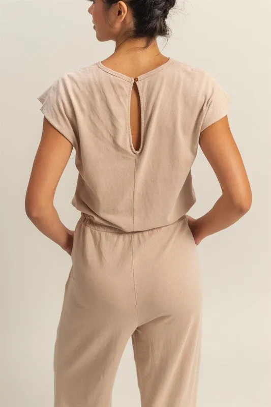 HYFVE Back Keyhole Round Neck Cap Sleeve Drawstring Jumpsuit