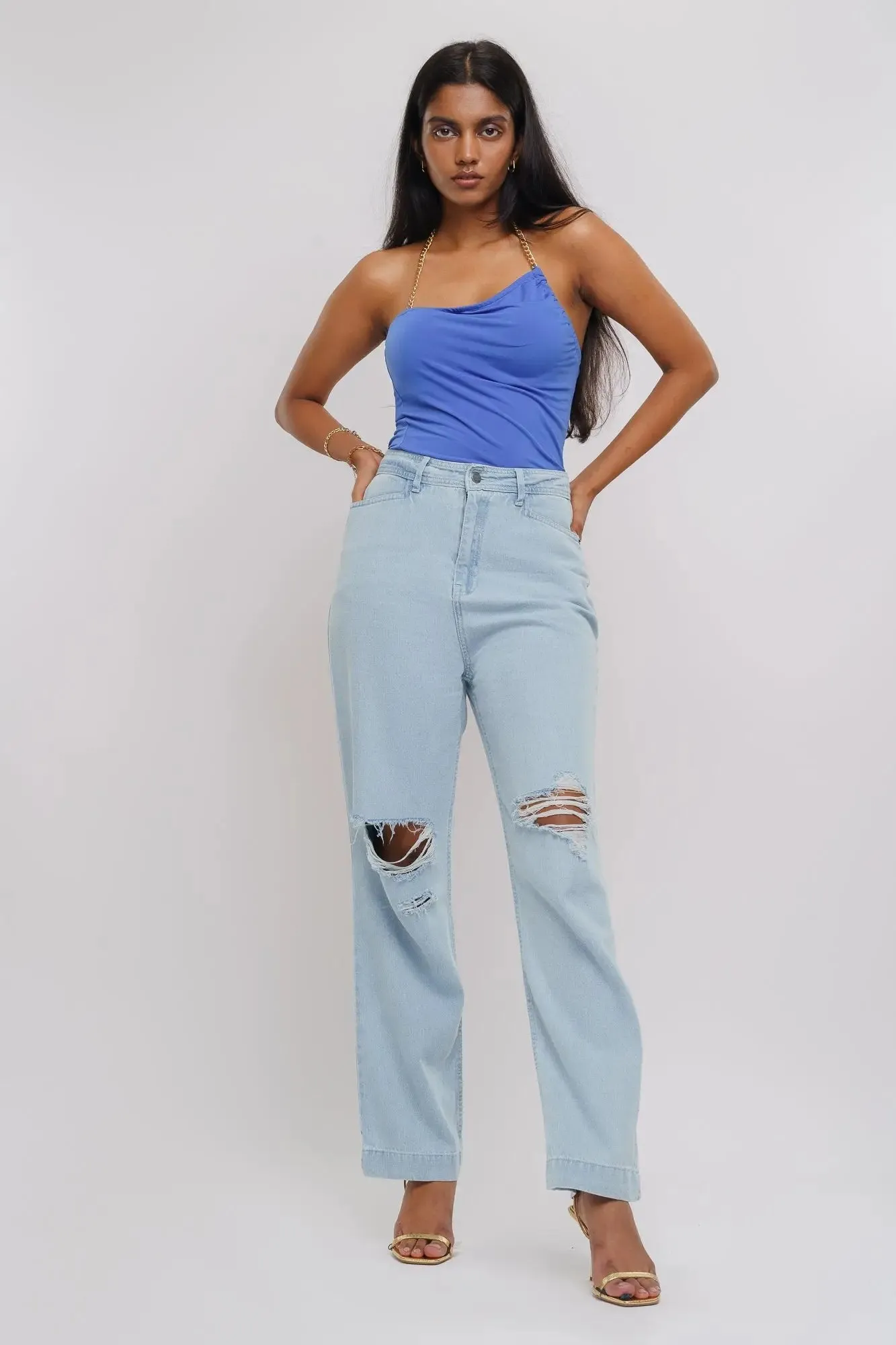 Ice Blue Distressed Straight Jeans