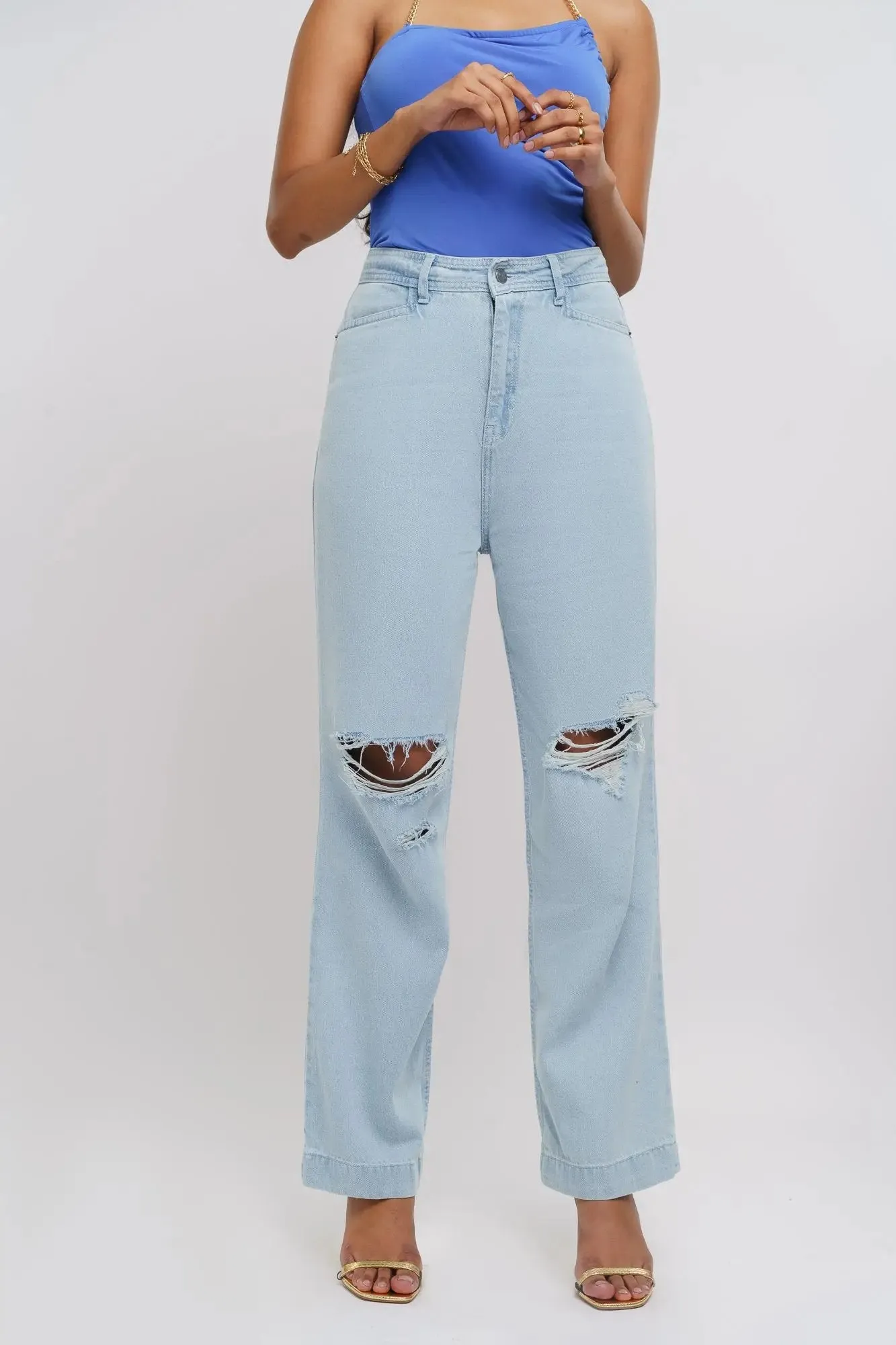 Ice Blue Distressed Straight Jeans