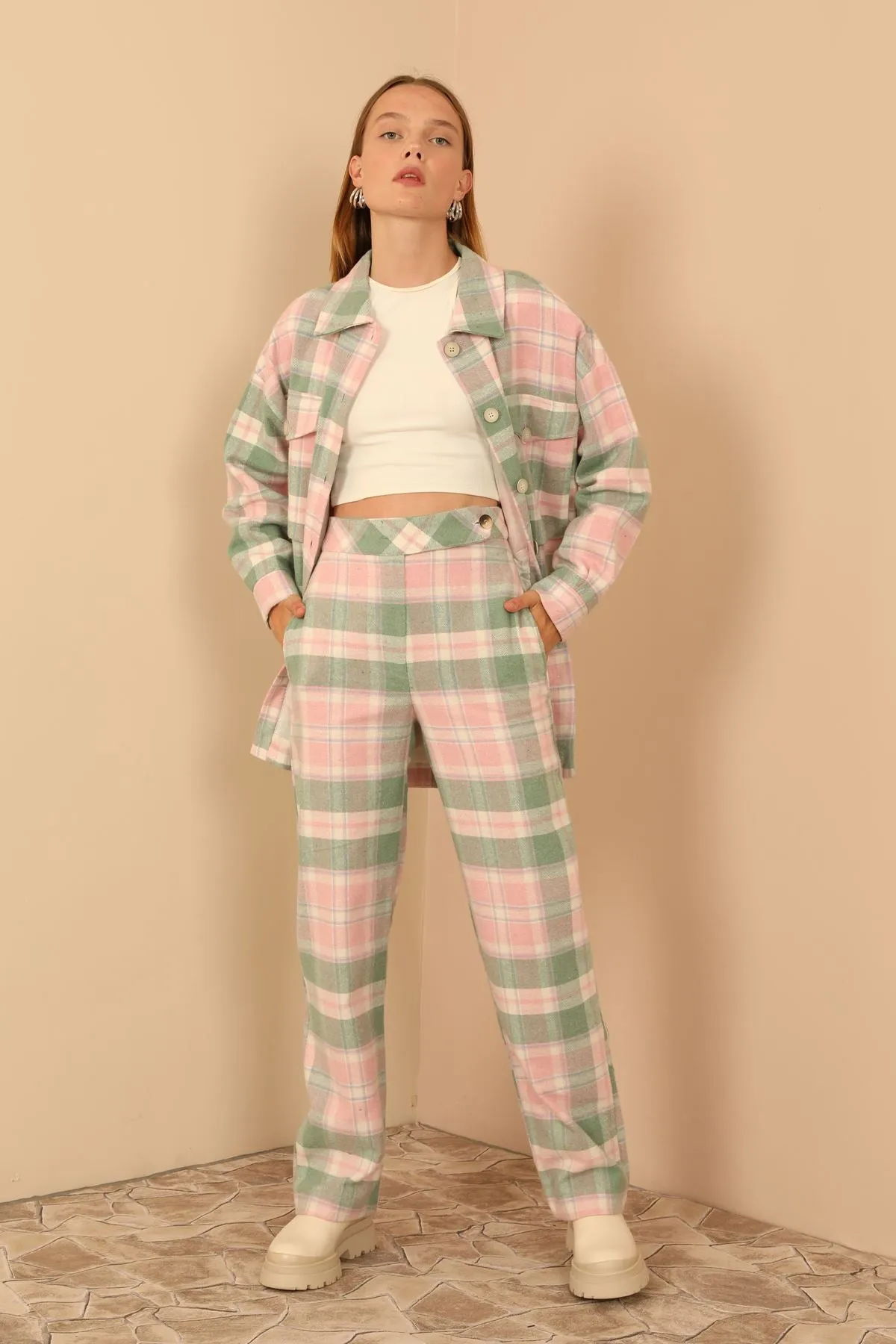 KKT Plaid Fabric Comfy Fit Women'S Trouser - Pink - Tyler