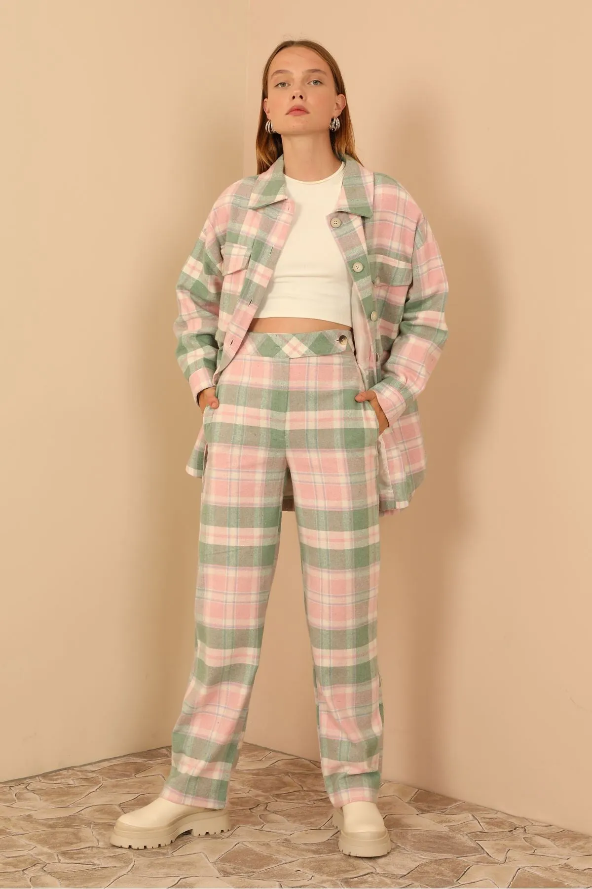 KKT Plaid Fabric Comfy Fit Women'S Trouser - Pink - Tyler