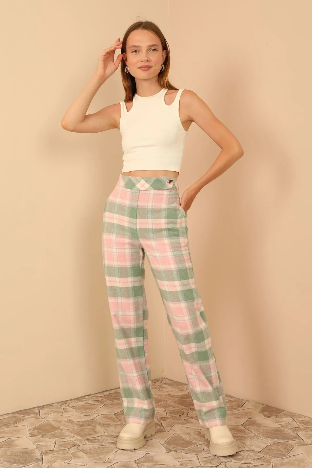 KKT Plaid Fabric Comfy Fit Women'S Trouser - Pink - Tyler