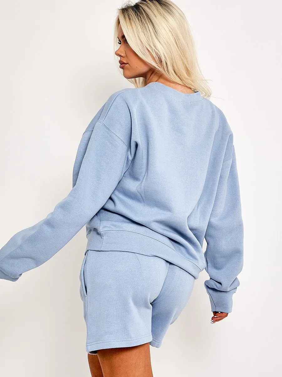 Leya Embroidered San Francisco Sweatshirt & Shorts Fleece Co-ord In Blue