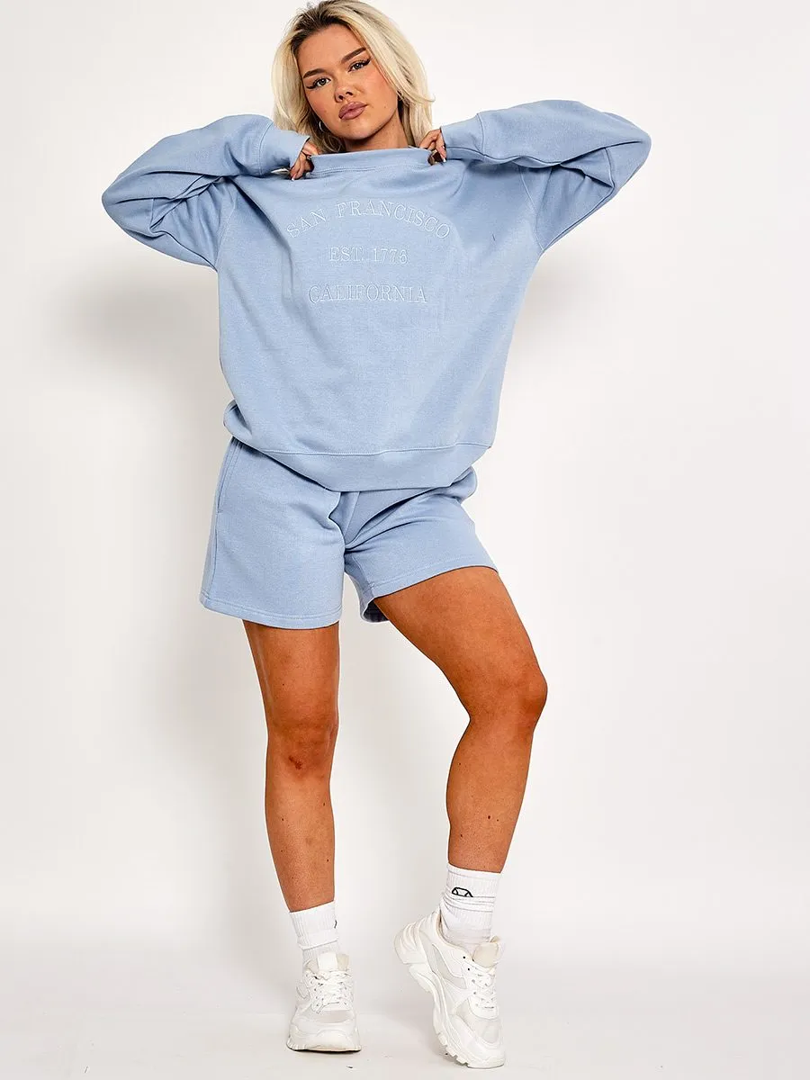 Leya Embroidered San Francisco Sweatshirt & Shorts Fleece Co-ord In Blue