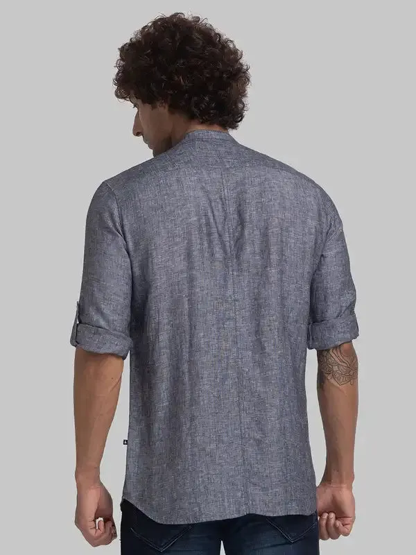 Men Black Slim Fit Solid Linen Full Sleeve Shirts