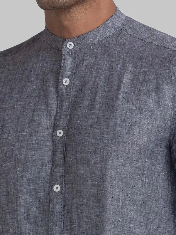 Men Black Slim Fit Solid Linen Full Sleeve Shirts