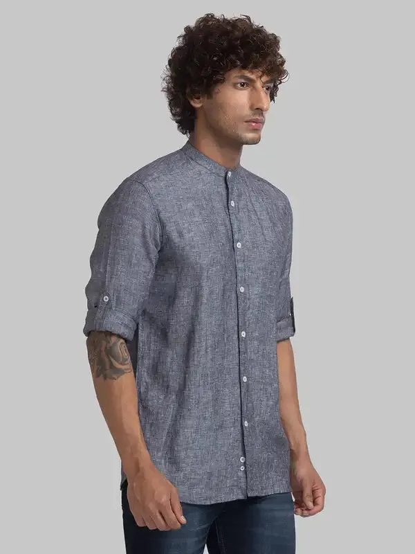 Men Black Slim Fit Solid Linen Full Sleeve Shirts