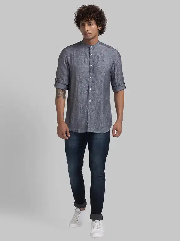 Men Black Slim Fit Solid Linen Full Sleeve Shirts