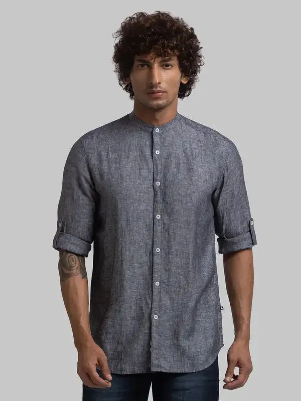Men Black Slim Fit Solid Linen Full Sleeve Shirts