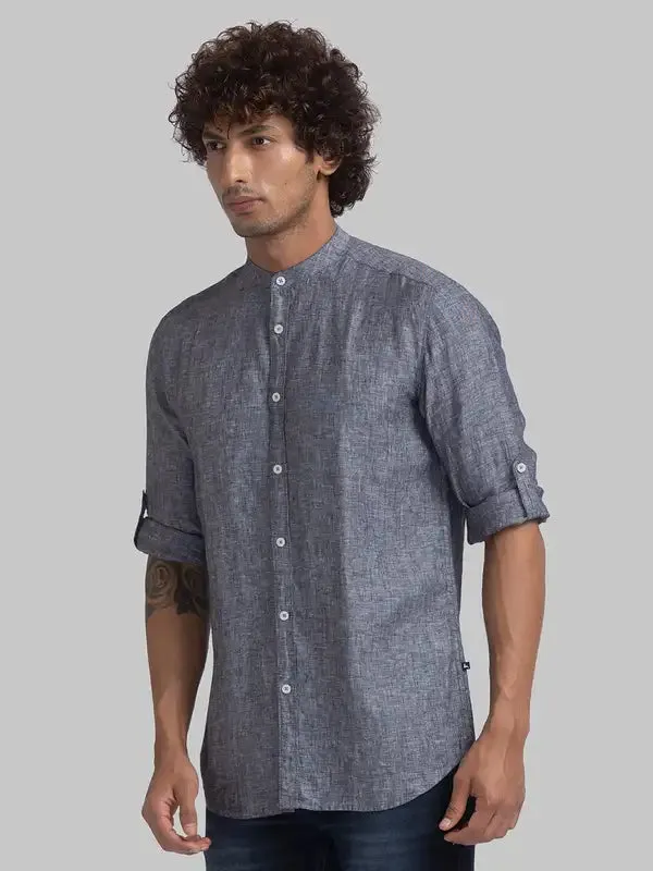 Men Black Slim Fit Solid Linen Full Sleeve Shirts