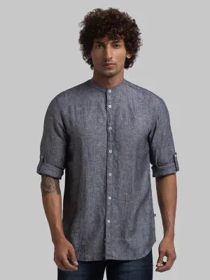 Men Black Slim Fit Solid Linen Full Sleeve Shirts