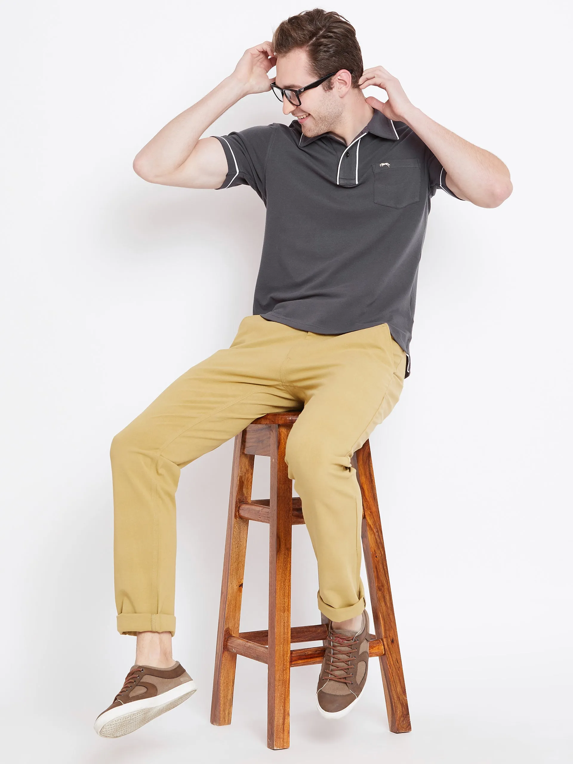 Men Charcoal Solid Casual Polo T-shirts