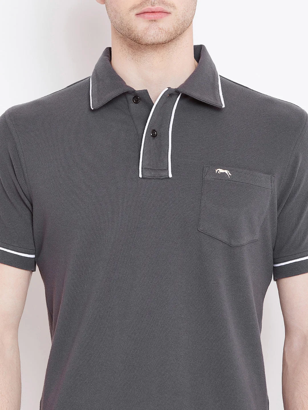 Men Charcoal Solid Casual Polo T-shirts