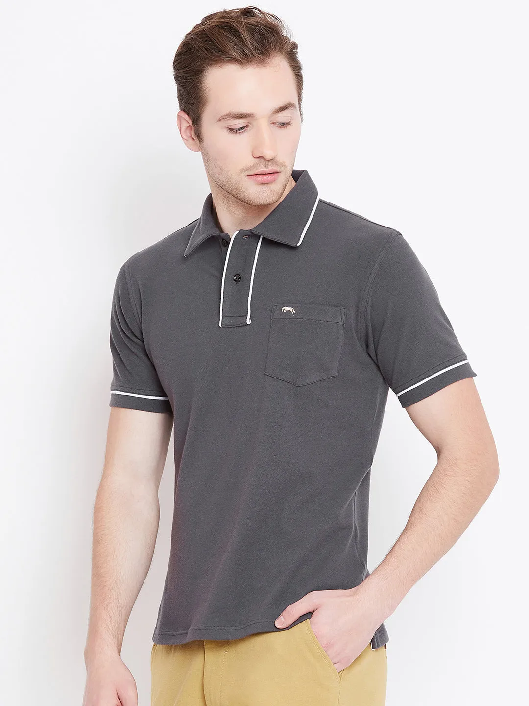 Men Charcoal Solid Casual Polo T-shirts