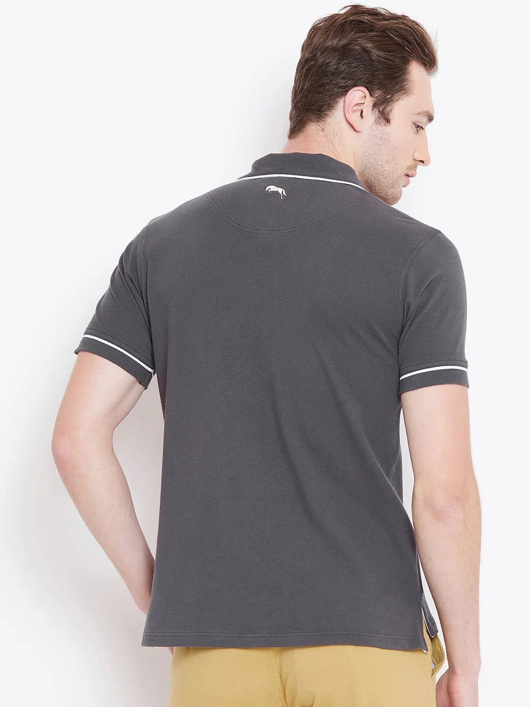 Men Charcoal Solid Casual Polo T-shirts