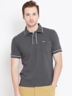 Men Charcoal Solid Casual Polo T-shirts