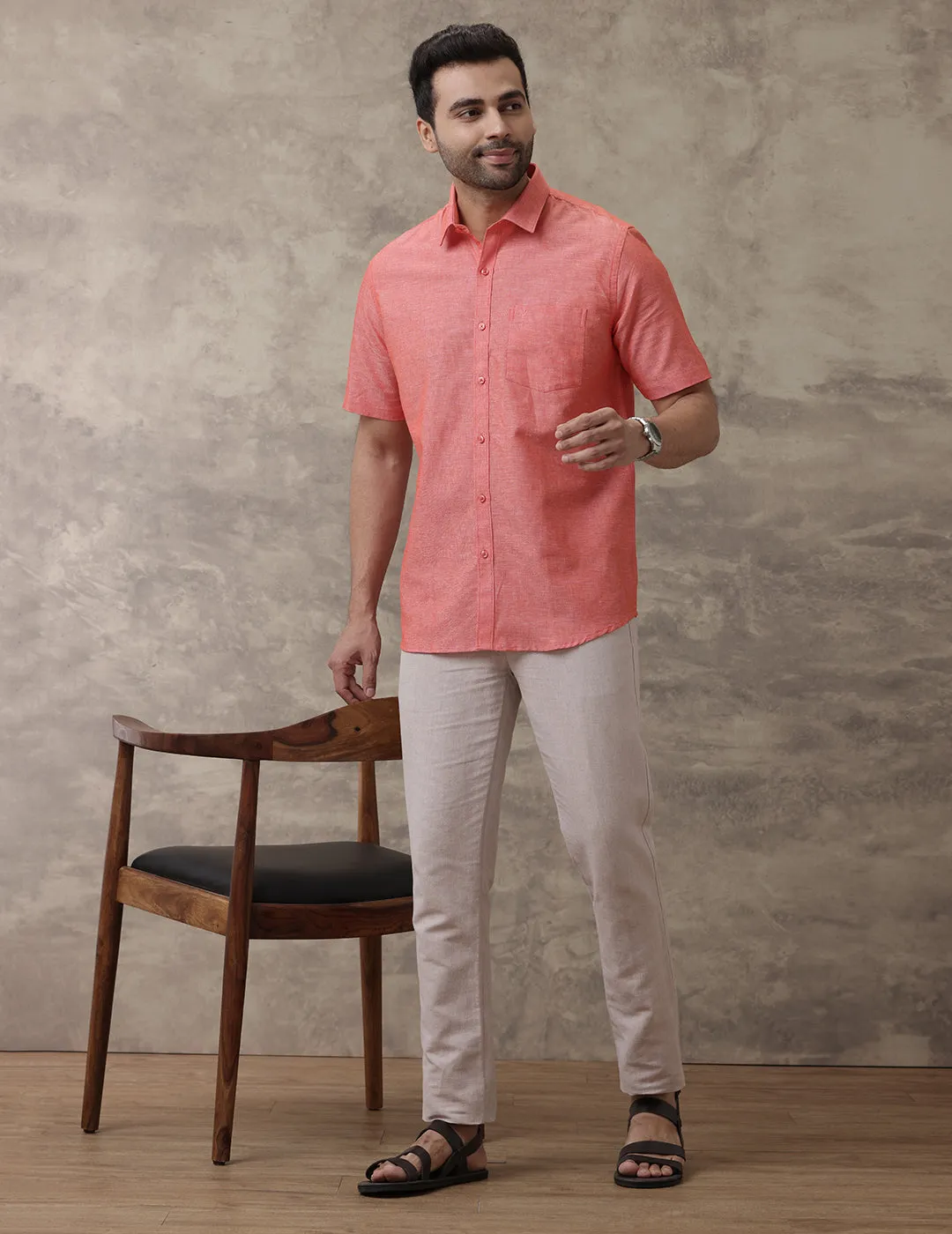 Men Linen Cotton Shirt Pink LF5