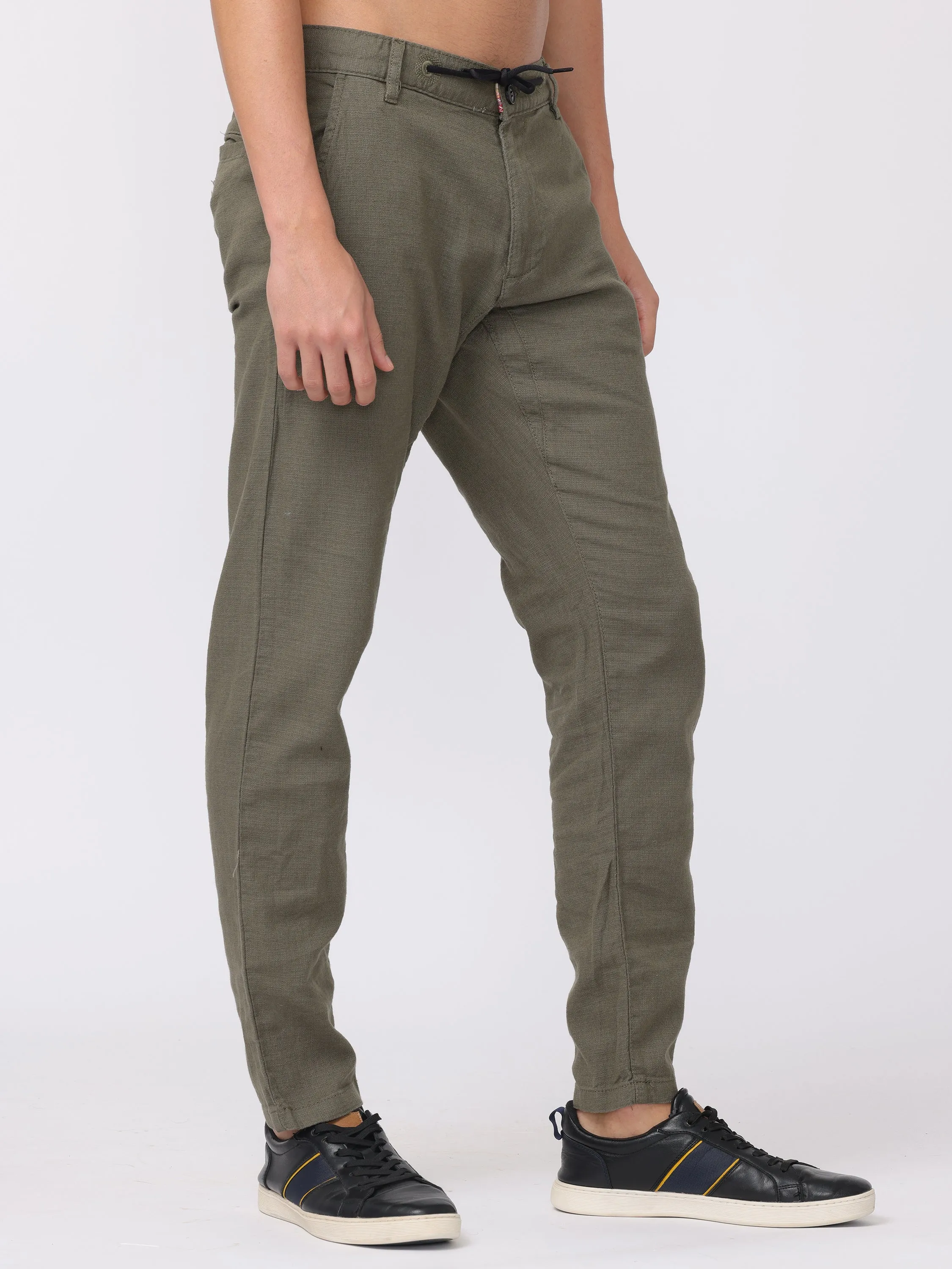Men Olive Regular Fit Linen Blend Pants