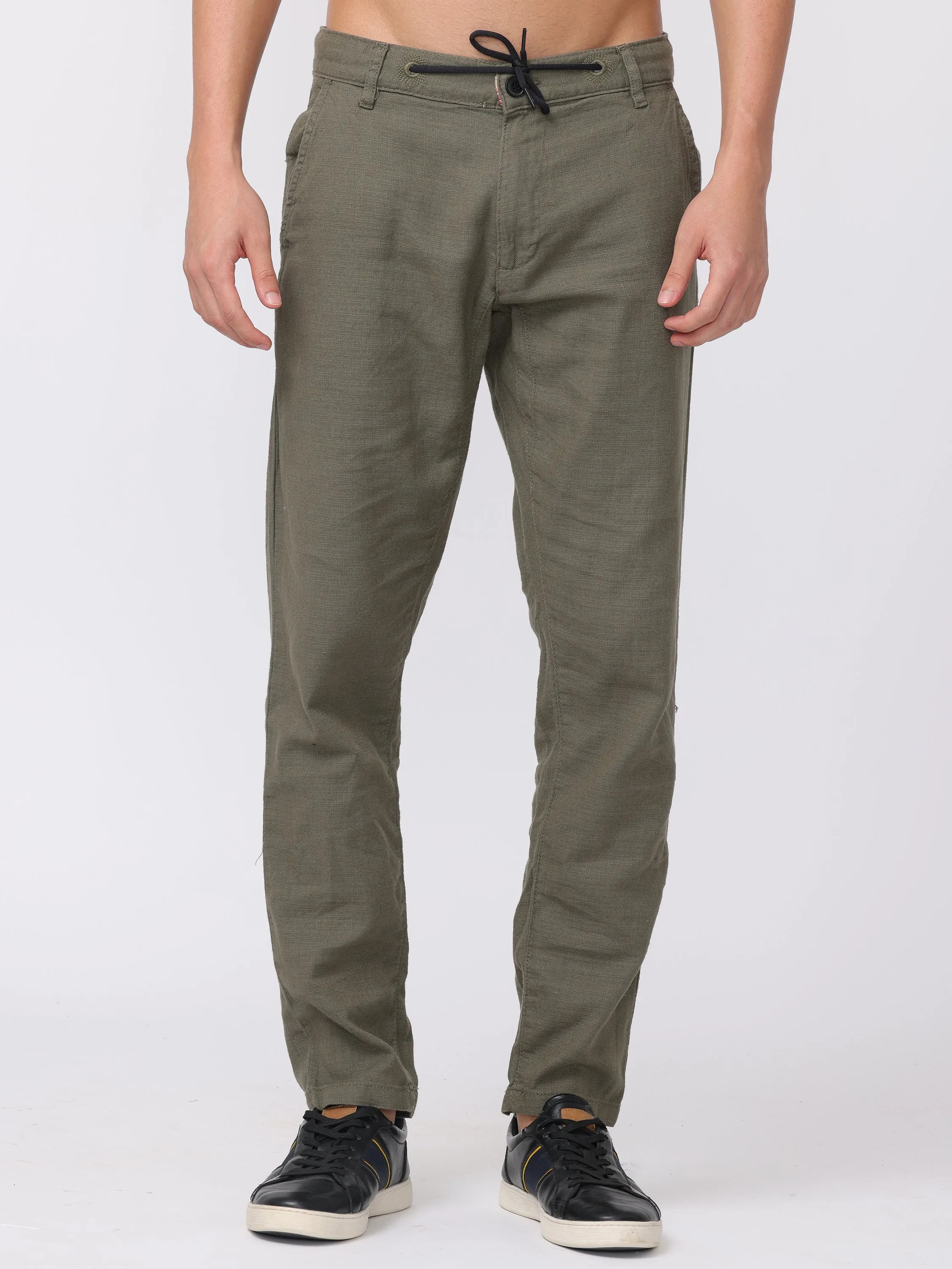 Men Olive Regular Fit Linen Blend Pants