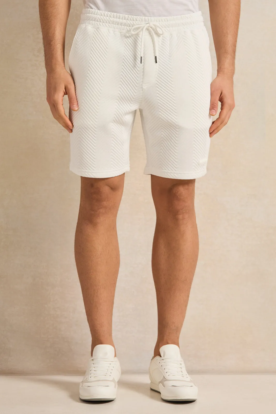 Men White Jacquard Active Shorts