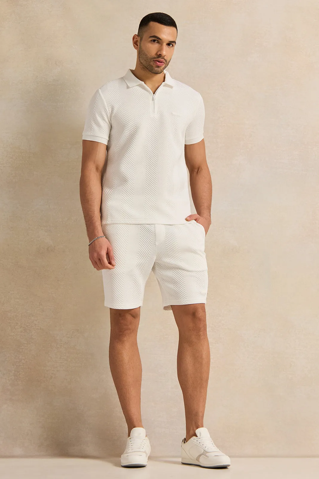 Men White Jacquard Active Shorts