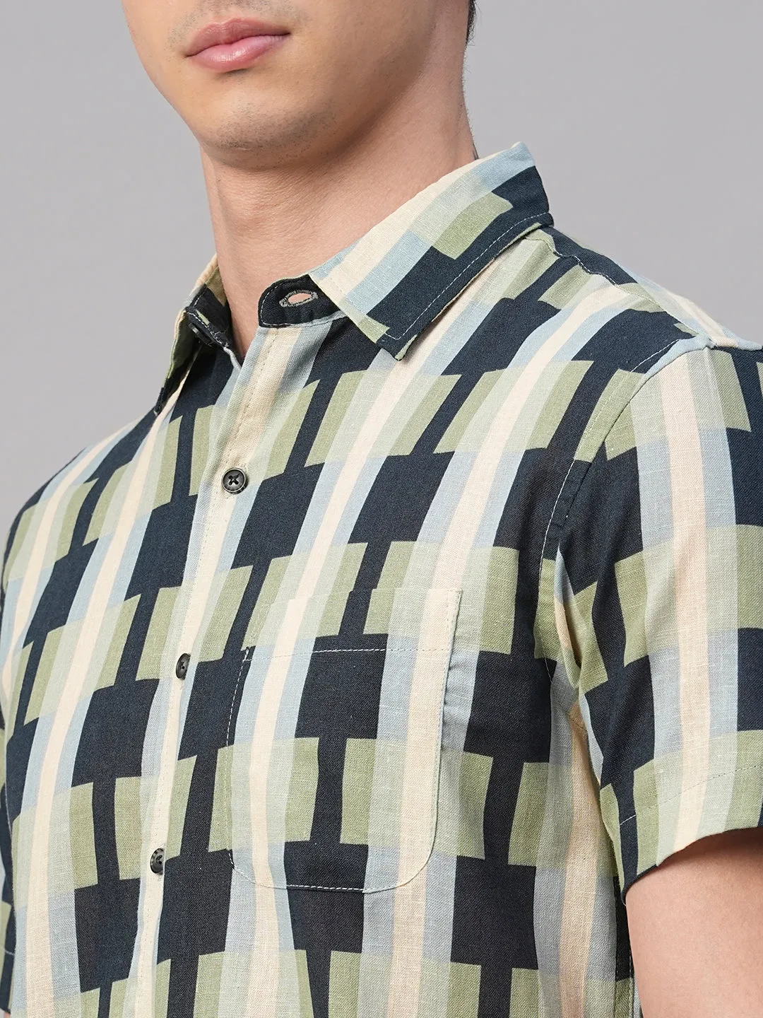 Men's Blue Cotton Flax Regular Fit Shirt