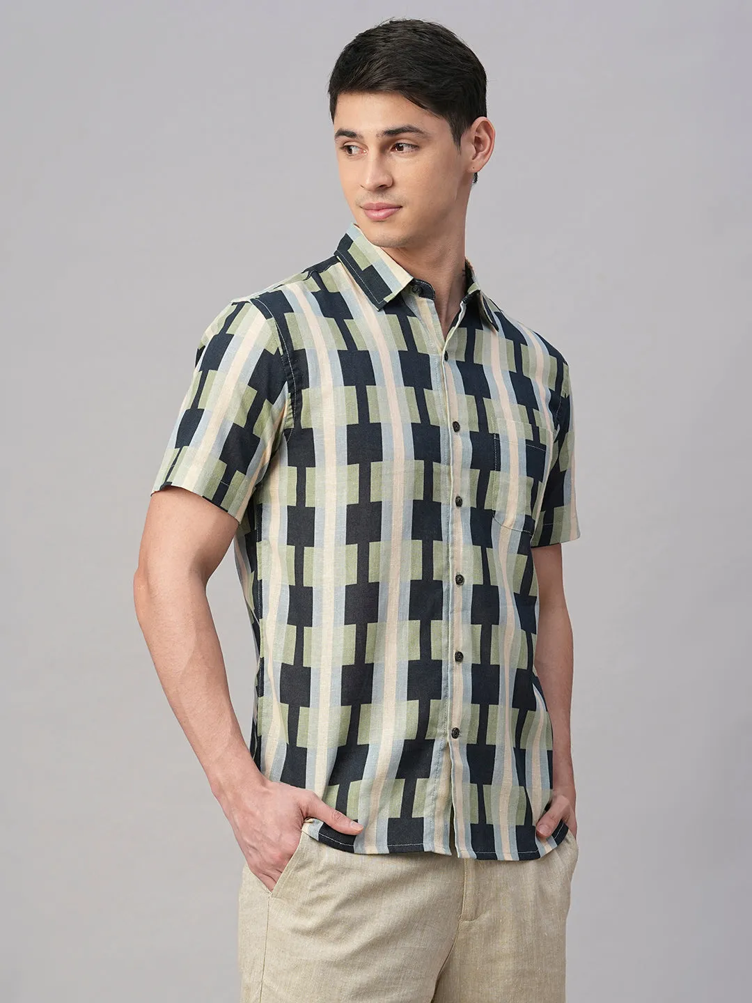 Men's Blue Cotton Flax Regular Fit Shirt