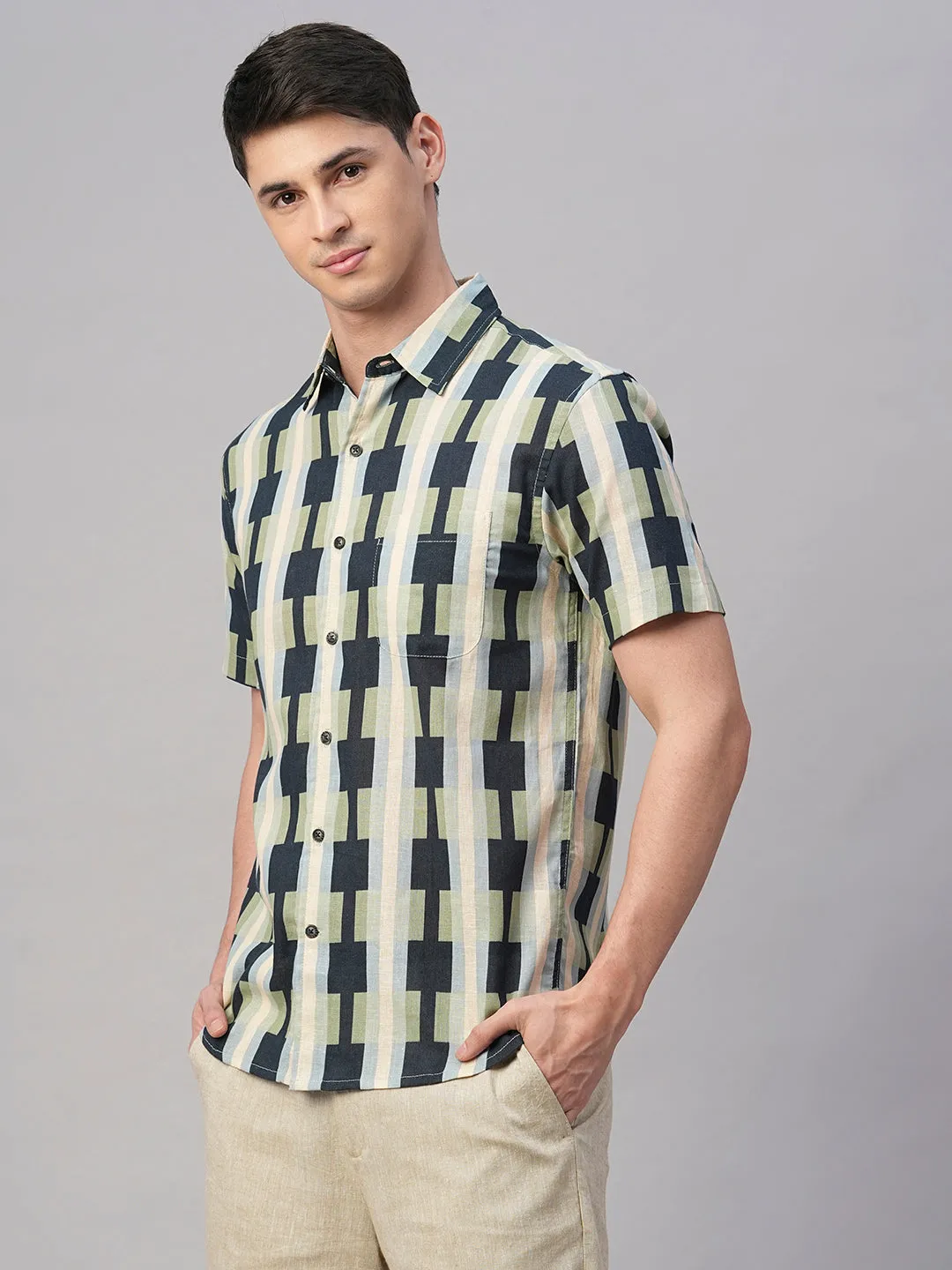 Men's Blue Cotton Flax Regular Fit Shirt